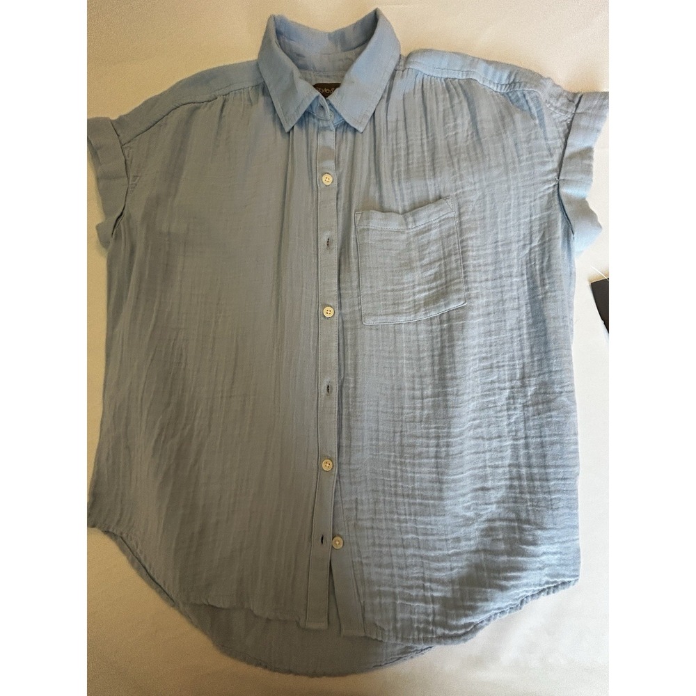 Style And Co Blue Chambray Sm Ladies Blouse Country Western Casual Crinkle Fabri